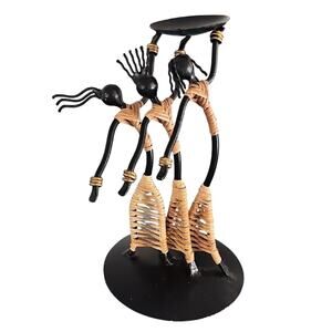 Handcrafted Black Wrought Iron Black and Tan Wire Metal Sculpture Candle Holder